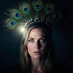 dramatic lighting frontal portrait of a jennifer garner with a colorful peacock tail headdress. moody and melancholy. dark background with powerful backlight. enhanced eye details with reflection. digital art by beeple and artgerm