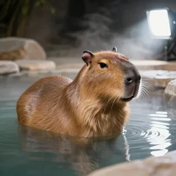 photo still of capybara in a hot spring, 8 k, studio lighting bright ambient lighting key light, 8 5 mm f 1. 8