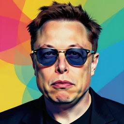 the portrait of depressed, miserable, sorrow elon musk wearing retro chic sun glasses. colorful pop art, modern art, by andy warhol