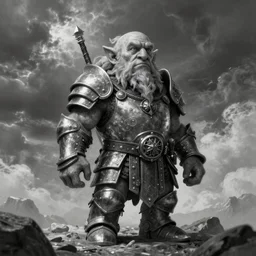 ultra realist 3d soft paint of Yves the small muscled dwarf fully armored during an epic scene, symmetry accurate features, very intricate details, ominous sky, black and white, volumetric light clouds, unreal artstation