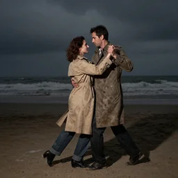 weathered color photo of a man and woman both wearing trenchcoats, dancing together on a beach during cloudy weather at night, very dark