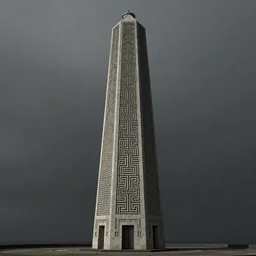 detailed intricate carved geometric obelisk lighthouse, made of stone and concrete, brutalism style, dark and misty, full shot, full height, 8K octane render