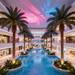 an indoor mall with palm trees and pools, pink and blue lighting, everything floats in space