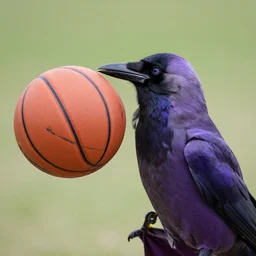 purple crow holding a deflated basketball with its beak