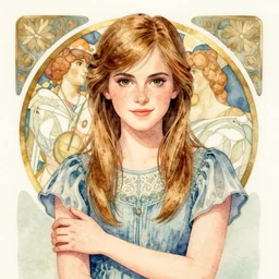 a watercolor portrait illustration by sui ishida and alphons mucha of a bishoujo as emma watson holding peach halves, highly detailed anime eyes wearing wearing mixed plaid fashion by issey miyake and balenciaga 8 k