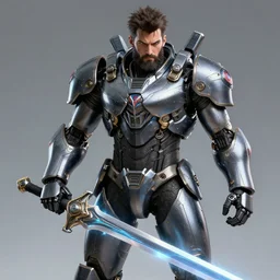 bearded man in sleek mech armor and holding an energy sword. highly detailed, intricate. hyper realistic.
