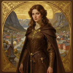 brown haired mage medium portrait, gentle, female, city landscape, norway, d & d, fantasy, intricate, elegant, highly detailed, digital painting, brown and gold color palette, artstation, octane render, concept art, matte, sharp focus, illustration, herrarthstone, art by artgerm and greg rutkowski and alphonse mucha