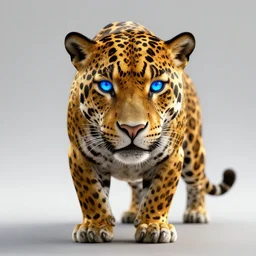 golden jaguar with glowing blue eyes, octane render