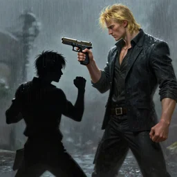 silhouette of fight between a young man with black hair and a tall blonde man armed with a glock 3 2, raining, highly detailed, digital painting, artstation, concept art, smooth, sharp focus, illustration, art by artgerm and greg rutkowski and alphonse mucha