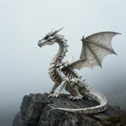 a bone dragon sitting on a mountain, Mist, fog,