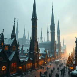 concordia a pleasant town built by powerful magic, a city of black obsidian crystal thin towers, wizard towers, elegant organic architecture, obsidian glass, snow, magical lights, marchand and crowd in the street, warm tones, aerial view of a plaza, low fantasy, by marc and raphael lacoste, cinematic and dramatic lighting