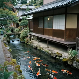 photo of japanese house with small stream beside the house. koi fish are swimming in the stream, high detail, cinematic, beautiful