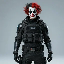 portrait of a warrior clown wearing tactical clothes, cyberpunk