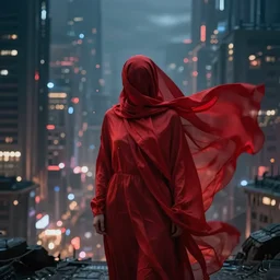 a person enveloped in red silk cloth that blows in the wind stands in a dytopian highly detailed city at night, with volumetric lights in the distance. atmospheric light, rendering, octane, redshift