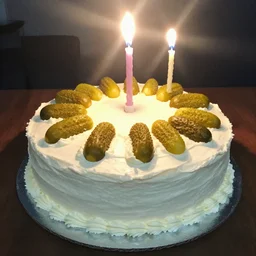 cake made out of pickles, white frosting, lens flare, birthday party