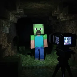 found footage recording live action creeper from minecraft in a dark cave, dark, super 8 camera