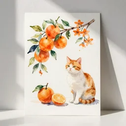 watercolor painting of oranges and orange blossoms and an orange and white cat on white paper, bright, white table, white walls