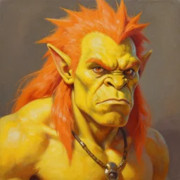 a beautiful painting of a vibrant yellow orange half orc with spiky hair, by craig mullins, featured on artstation