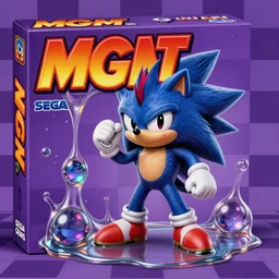 surreal, sharp, detailed professional, high quality airbrush art MGMT album cover of a liquid dissolving LSD DMT sonic the hedgehog, purple checkerboard background, 1990s 1992 Sega Genesis video game box art