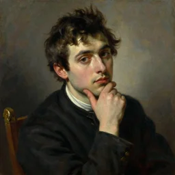 painting of a young man sitting on a chair with a thinking and contemplating on life look. oil painting by jan matejko, soft lighting, classical art, oil on canvas, wet - on - wet technique, close up on face. beautiful, elegant, sharp focus, highly realistic, intricate textures, illusionistic detail,