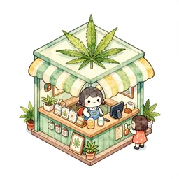 cute and funny, a tiny cannabis shop, centered award winning watercolor pen illustration, isometric illustration by chihiro iwasaki, edited by craola, tiny details by artgerm and watercolor girl, symmetrically isometrically centered
