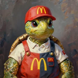 oil painting portrait of anthropomorphic male turtle animal dressed in modern american mcdonalds uniform, turtle animal, general hat, oil painting,