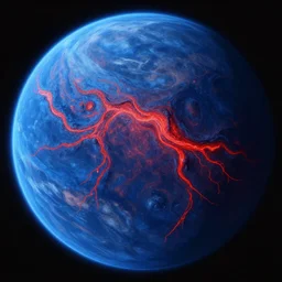 a picture of an alien planet, blue planet, red lava rivers, center of the frame