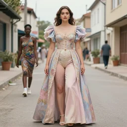 still from music video of a gorgeous young woman from standing in a township street, street fashion outfit,!! haute couture!!, full figure painting by martine johanna, njideka akunyili crosby, rossdraws, art by stanley lau and artgerm, pastel color palette, realistic, sharp focus, 8 k high definition, insanely detailed, intricate, elegant, 2 4 mm lens