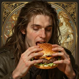 Pewdiepie eating a burger, closeup, D&D style, fantasy, intricate, elegant, highly detailed, digital painting, artstation, concept art, matte, sharp focus, illustration, art by Artgerm and Greg Rutkowski and Alphonse Mucha