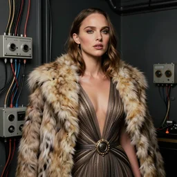 Natalie Portman, wearing an evening gown, vera wang couture, very detailed portrait, ultrarealistic, dramatic lighting, electrical details, high details, 4k, 8k, best, accurate, trending on artstation, fur, artstation, photorealism, ultrarealistic, digital painting, style of Dali, Caravaggio, Boris Vallejo
