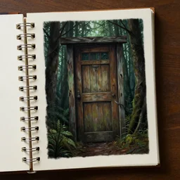 a painting of a binder notebook as a door to a cabin in woods, detailed digital art, trending on artstation, eerie thriller aesthetic!,
