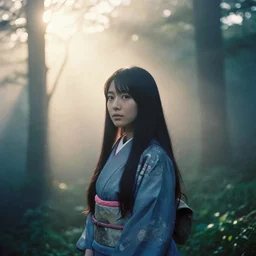 portrait bust of woman, haruka fukuhara, film grain, kodachrome, dense forest, long black hair, kimono, heavy fog, backlit, princess mononoke, 4 k, greg rutkowski, dramatic lighting, sunrise, hayao miyazaki, masashi ando, nizou yamamoto, kazuo oga, joe hisaishi, yoji takeshige, naoya tanaka