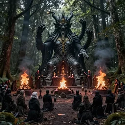 detailed ultrarealistic photography of dark ritual in the forest, cthulhu statue, dark altar, crowd of cultists, ritual bonfire, wickerman, ian miller, greg rutkowski, cinematic, full shot, symmetric