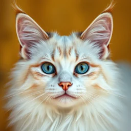 a beautiful portrait, golden background, gorgeous fantasy happy cat, professionally retouched, soft lighting, realistic, smooth face, gorgeous blue eyes, long white hair, cute ears, wide angle, sharp focus on the eyes, 8 k high definition, insanely detailed, intricate, elegant, gorgeous, art by artgerm and wlop