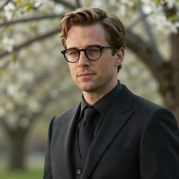 detailed cinematic wide shot of sucession actor nicholas braun black suit with glasses smooth, sharp focus, ultra realistic, spring light, painting by gaston bussiere, craig mullins, j. c. leyendecker