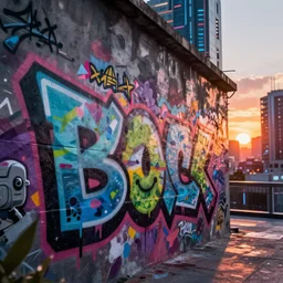 beautiful graffiti on a wall, cyberpunk city, happy mood, futuristic, high detail, sunset, photorealistic
