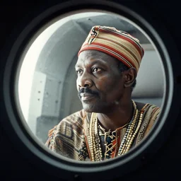 analogue photo of an African tribal chief looking out the porthole window of a spaceship, close-up, photo shot by martha cooper, 35mm,