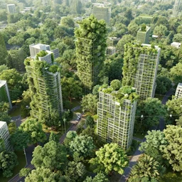 a city made of trees, with walkways between the tree buildings, ziplines, lots of plants, realistuc