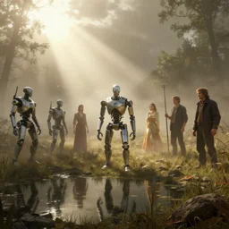 rural wisconsin after robot apocalypse, mist, sunrays, dust in the air, dnd character, unreal engine, octane render, dramatic lighting, pond, digital art, by stanley artgerm lau, greg rutkowski, thomas kindkade, alphonse mucha, loish, norman rockwell,