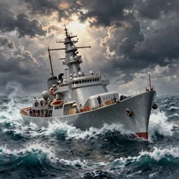 a warship sinking in the middle of a stormy ocean, large waves crashing over it, a detailed matte painting by richard wilson, trending on unsplash, environmental art, creative commons attribution, associated press photo, furaffinity