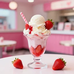 a strawberry sundae in a 1 9 5 0 s ice cream shoppe