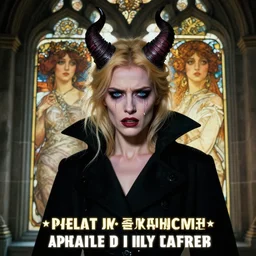 hyperrealistic portrait of a blonde blue eyed woman demon horns as a vampire witch sorrowful tears makeup furious in a black coat in an ornate stone window. by jeremy mann and alphonse mucha, fantasy art, photo realistic, dynamic lighting, artstation, poster, volumetric lighting, very detailed faces, 4 k, award winning