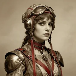 futuristic victorian woman aviator, retrofuturism, beautiful, highly detailed, sepia with red accents