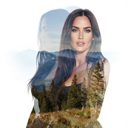double exposure effect of megan fox and beautiful mountain scenery, in the style of brandon kidwell, realism tattoo design, white background