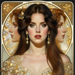 symmetry portrait of lana del rey, glam, deco, glowing lights intricate, elegant, highly detailed, digital painting, artstation, concept art, smooth, sharp focus, illustration, art by artgerm and greg rutkowski and fra angelico and alphonse mucha