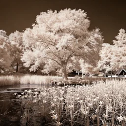 infrared photography, beautiful single tree and lily pond by david keochkerian and mike irwin, ir filter