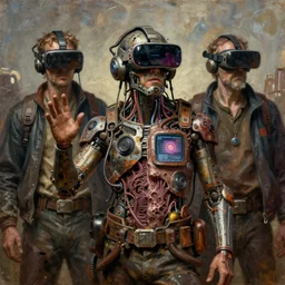 old junky men with cybertronic gadgets and vr helmet, durty colours, rotten textures, rusty shapes, acid screen embed in flesh, epic view biotechnology, tim hildebrandt, wayne barlowe, bruce pennington, donato giancola, larry elmore, oil on canvas, masterpiece, trending on artstation, featured on pixiv, cinematic composition, dramatic pose, beautiful lighting, sharp, details, hyper - detailed, hd, hdr, 4 k, 8 k