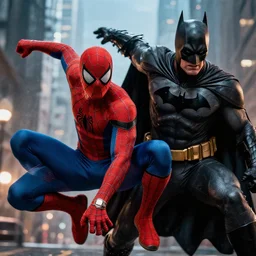 Spiderman Fighting batman, brutal, epic, ultra realistic, high detail, cinematic, movie quality