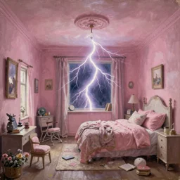 classic oil painting, wide shot of a giant lightning strike, inside of a pink bedroom, as a book cover illustration, desaturated, clutter, cottagecore, intricately detailed, comfy, readability, concept art, sharp focus, art by brothers hildebrandt
