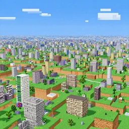 A Dithered Minecraft Landscape with some buildings a painting by Takashi Murakami Chiho Aoshima Yoshitomo Nara and Aya Takano Superflat